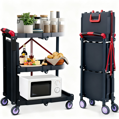 3-Tier Rolling Cart Collapsible Service Utility Cart on Wheels, Portable Folding 3 Shelf Cart for Kitchen Office Garage Workshop