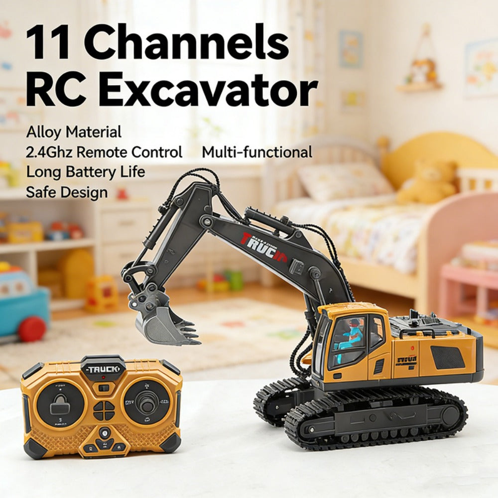 Remote Control Excavator Toy Set for Kids with Metal Shovel Bucket LED Lights & 1200mAh Rechargeable Battery