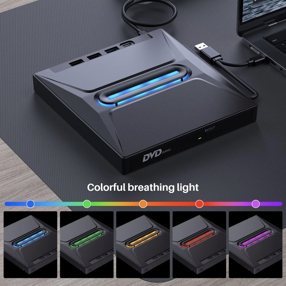 8-in-1 Luminous External CD DVD Drive USB 3.0 & Type-C - Portable CD/DVD±RW Burner Player Hub with 3 USB Ports