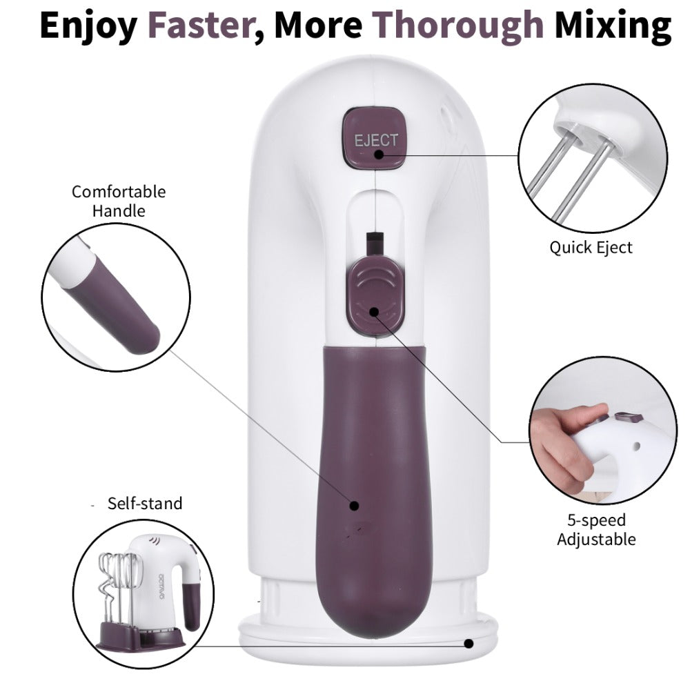 Hand Mixer Electric 400W with Storage Stand & 5-Speed Turbo Boost, 5 Stainless Steel Attachments for Baking Cream Cake Dough Cookie