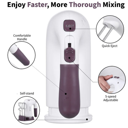 Hand Mixer Electric 400W with Storage Stand & 5-Speed Turbo Boost, 5 Stainless Steel Attachments for Baking Cream Cake Dough Cookie