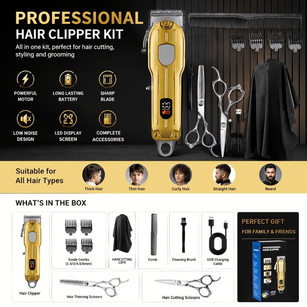 Barber Hair Clipper Kit for Men – USB Rechargeable Digital Size Adjustment, Complete Set with Scissors & 4 Limit Combs