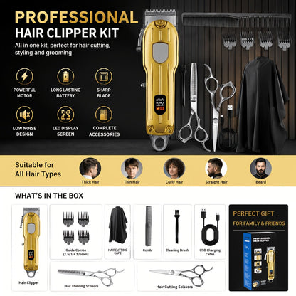 Barber Hair Clipper Kit for Men – USB Rechargeable Digital Size Adjustment, Complete Set with Scissors & 4 Limit Combs
