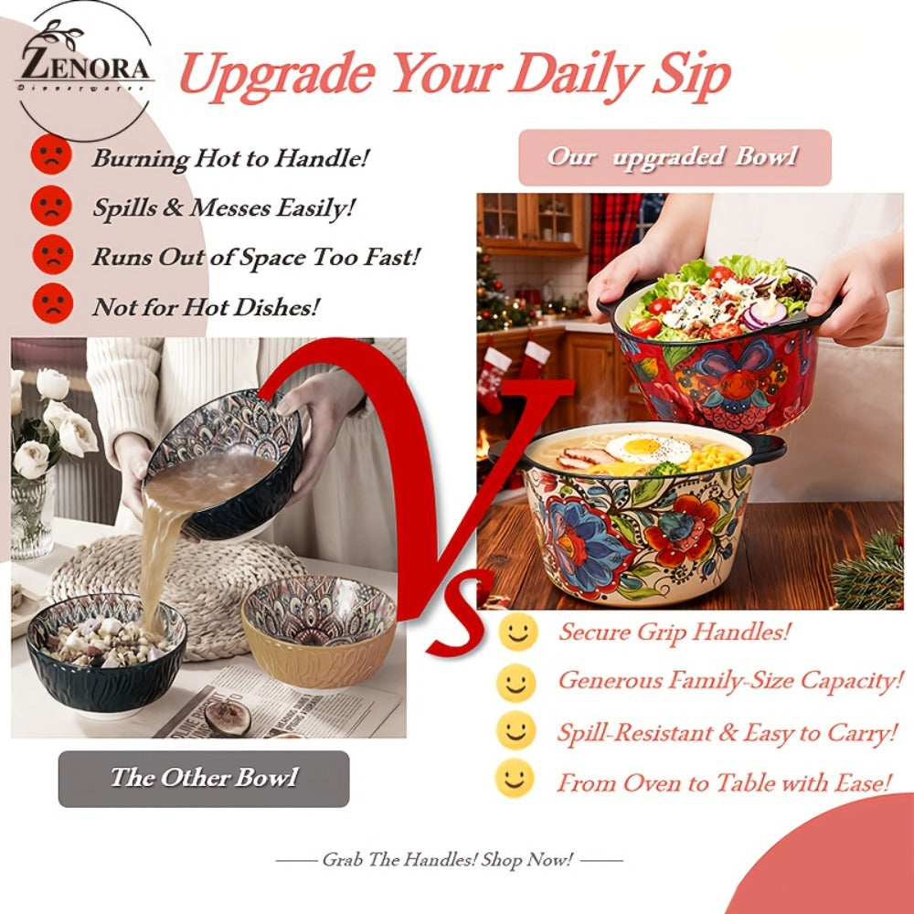 Giant Ceramic Extra-Deep Serving Bowl With Handles, 101oz, Bohemian Hand-Painted, Chip-Resistant