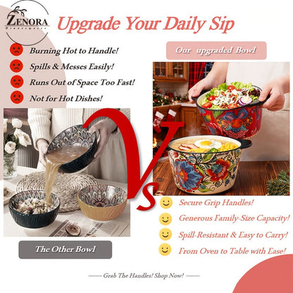 Giant Ceramic Extra-Deep Serving Bowl With Handles, 101oz, Bohemian Hand-Painted, Chip-Resistant