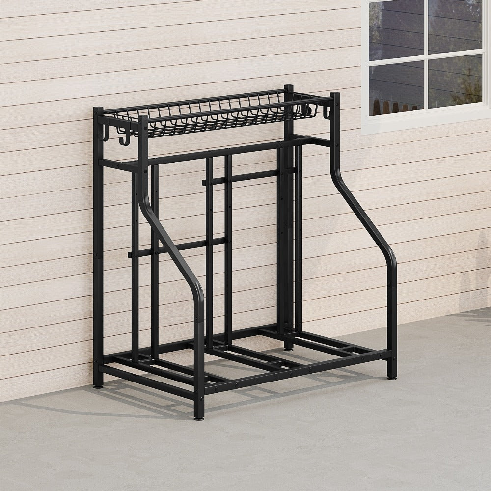 Freestanding Bike Storage Stand with Basket & Hooks, Adjustable Floor Rack for 3-4 Bikes, Indoor Outdoor Garage Organizer