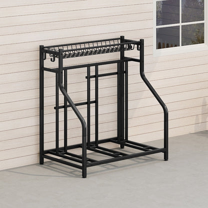 Freestanding Bike Storage Stand with Basket & Hooks, Adjustable Floor Rack for 3-4 Bikes, Indoor Outdoor Garage Organizer