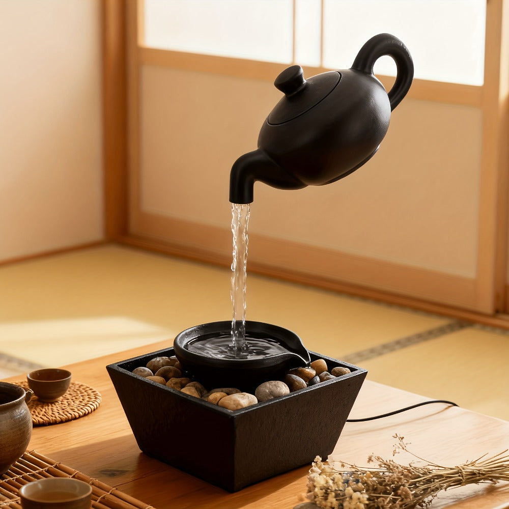 Tabletop Water Fountain with LED Light Zen Teapot Indoor Relaxation Fountain Black Resin for Entryways, Bedrooms and Living Spaces