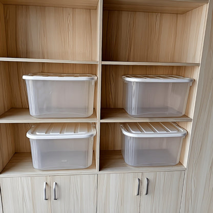 Four-Pack 46-Quart Clear Storage Bins with Latching Lids, Side Handles and Stackable Shape