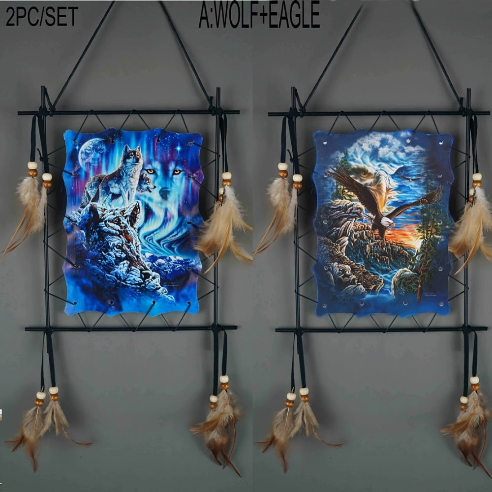 Wolf Eagle Dream Catcher Wall Art 2pcs Canvas Print Boho Native American Totem Hanging Decor with Feathers Wooden Beads Vintage Iron Frame