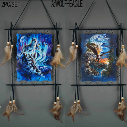 Wolf Eagle Dream Catcher Wall Art 2pcs Canvas Print Boho Native American Totem Hanging Decor with Feathers Wooden Beads Vintage Iron Frame