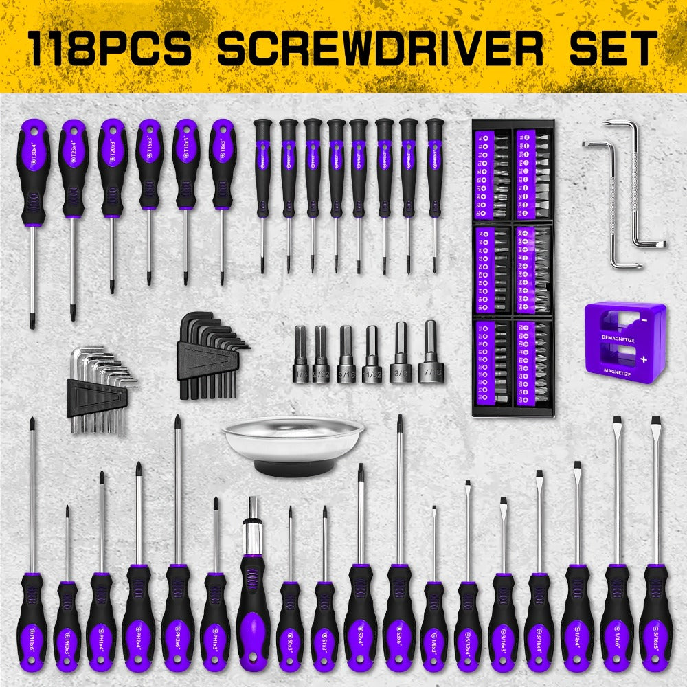 Purple 118-Piece Screwdriver Rack Set with Hand Drivers, Bit Rows, Hex Keys and Magnetic Parts Bowl