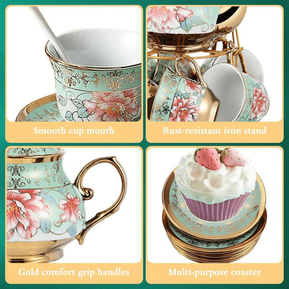 20-Piece Floral Ceramic Tea Set with Saucers & Metal Stand, European Afternoon Tea Service, Blooming Design