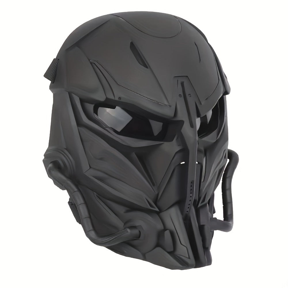Black Mechanical Costume Mask with Sculpted Lower-Face Panel, Dark Eye Visor and Side Vent Details