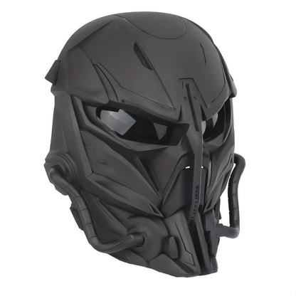 Black Mechanical Costume Mask with Sculpted Lower-Face Panel, Dark Eye Visor and Side Vent Details