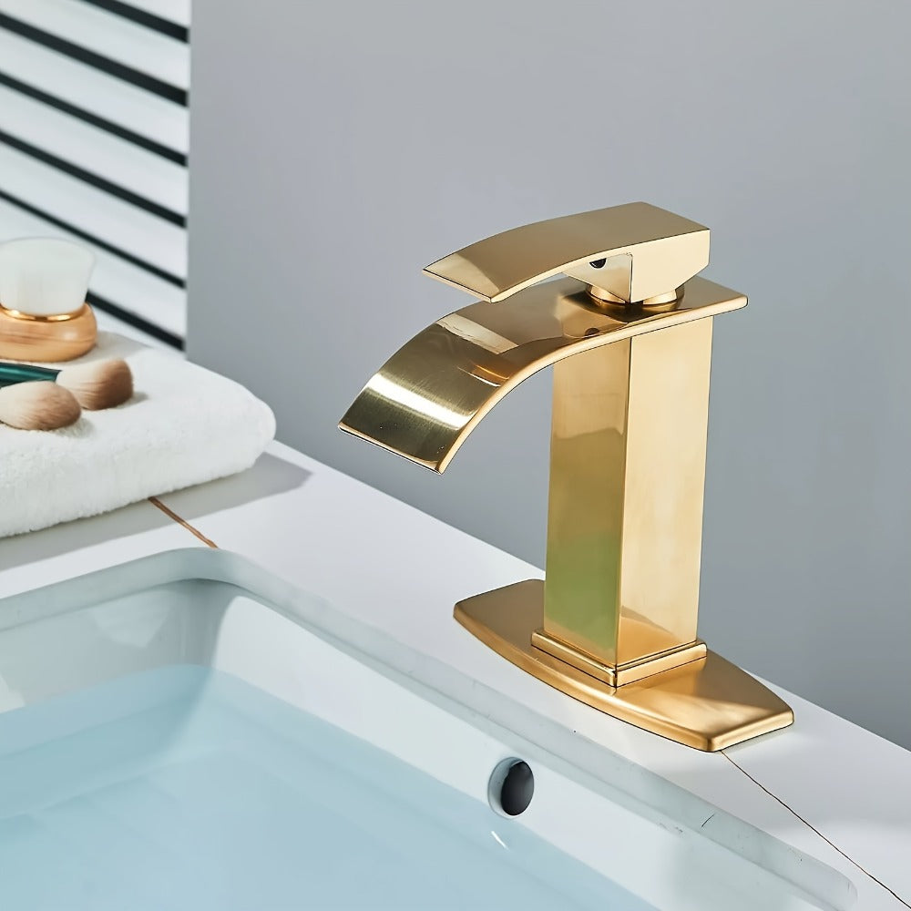 Waterfall Bathroom Sink Faucet, Single Hole or 3-Hole Mixer Tap with 6" Deck Plate, Ceramic Valve