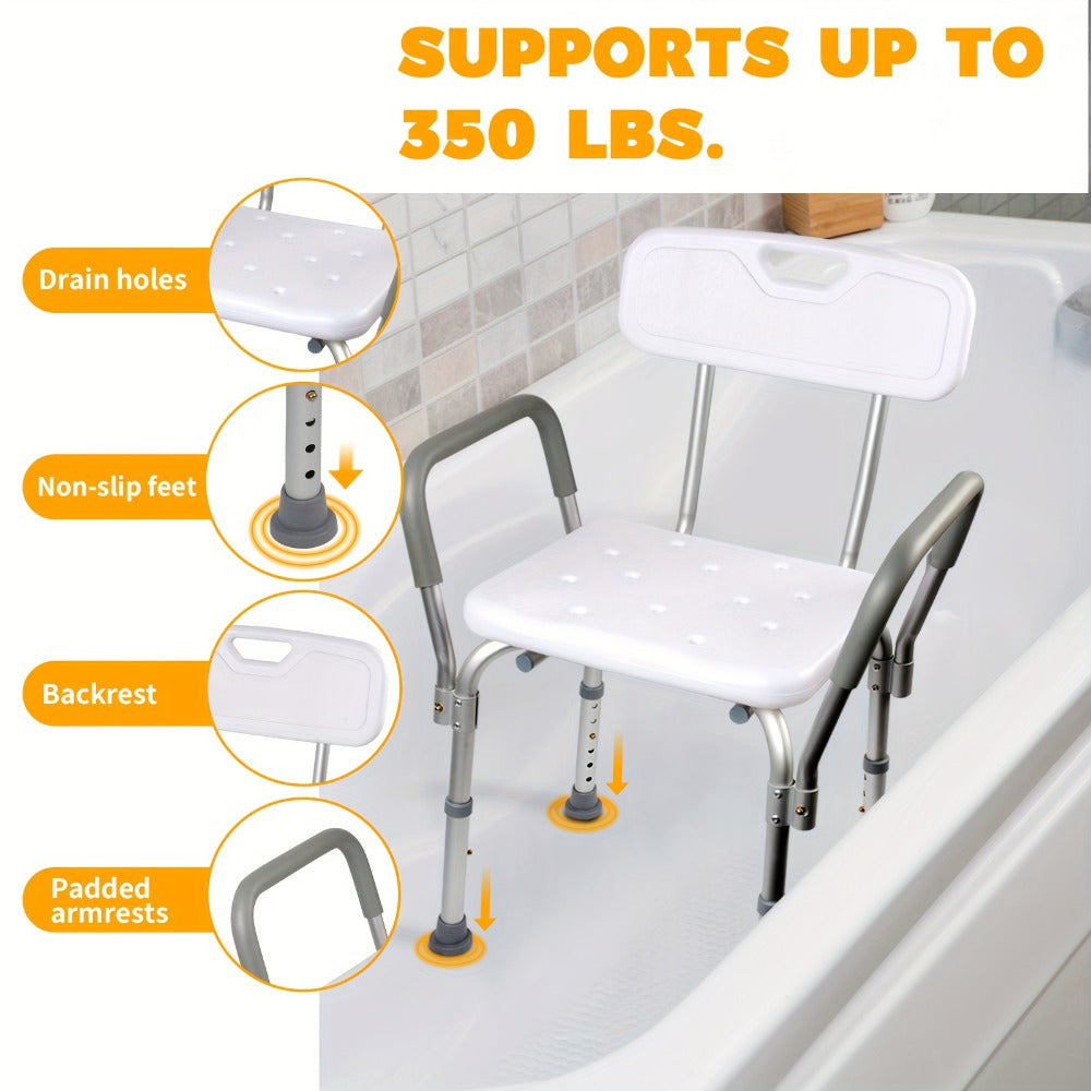 Shower Chair with Armrests & Backrest, Height Adjustable Aluminum Bath Seat, Rubber Feet, Cushioned Support for Elderly