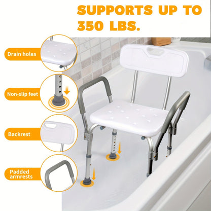 Shower Chair with Armrests & Backrest, Height Adjustable Aluminum Bath Seat, Rubber Feet, Cushioned Support for Elderly