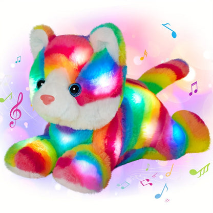 Plush Toy Rainbow Cat with LED Glow and Optional Music for Colorful Kawaii Room Display and Gifting