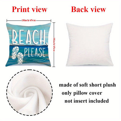 Four-Piece Coastal Pillow Cover Set, 18 x 18 Inches with Palm, Coral, Starfish and Beach Typography Designs