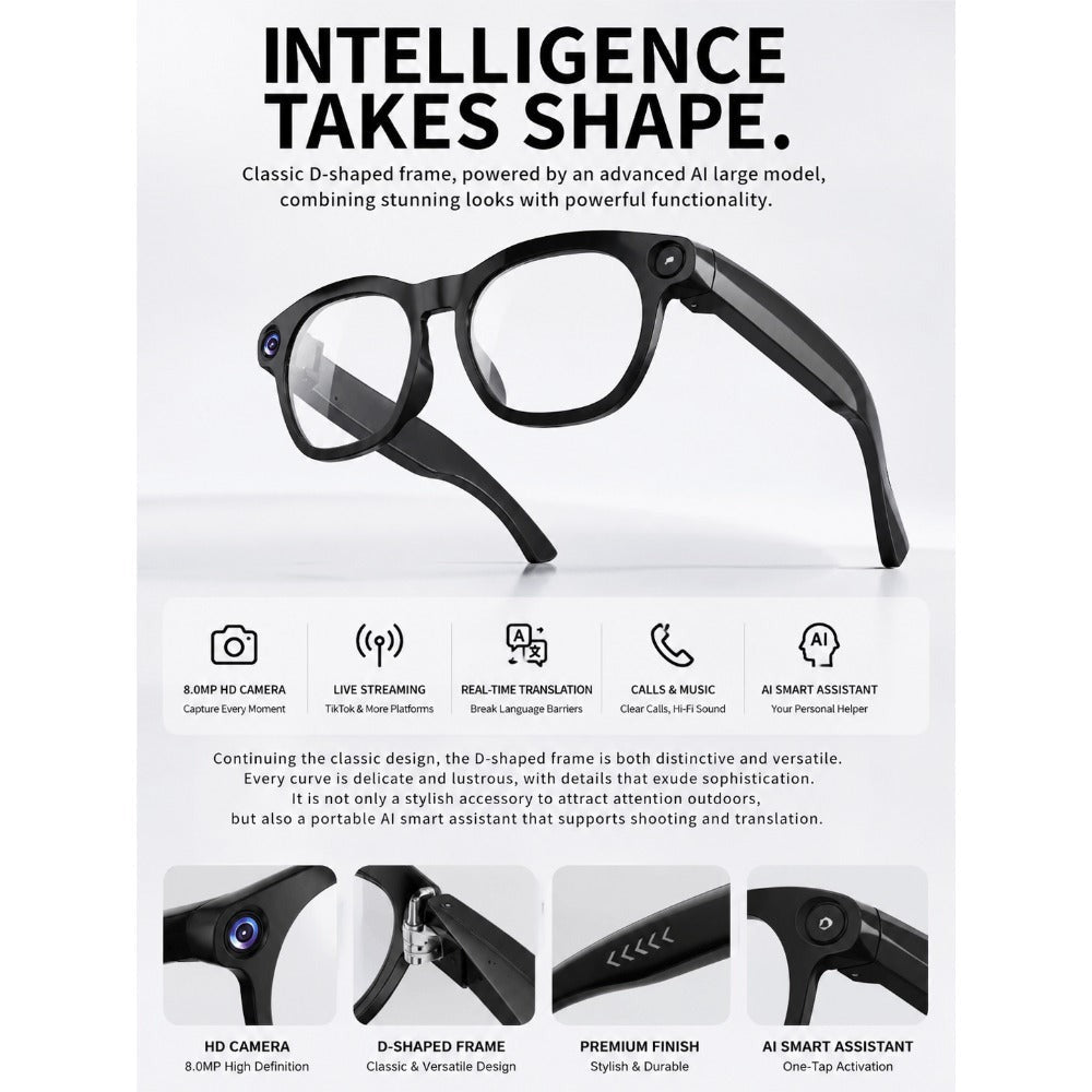 Smart Glasses with Camera and Bluetooth, 8MP Camera Eyewear with Translation, Object Recognition, Touch Control and Bluetooth Audio