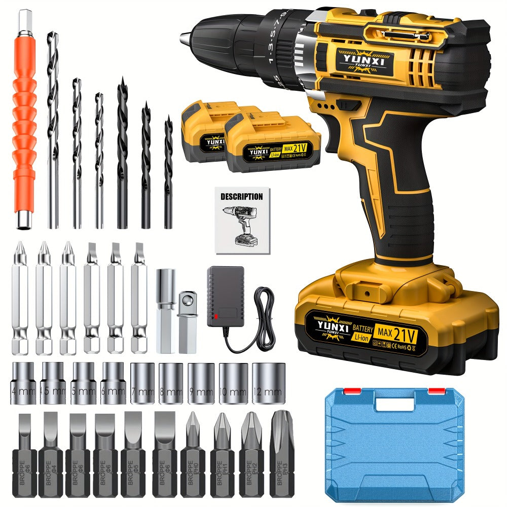 Cordless Impact Wrench 21V Brushless Electric Drill Set with 4000mAh Battery, Toolbox & Full Accessories