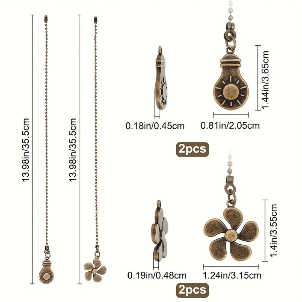 Ceiling Fan Pull Chain Extension Set of 8 – Decorative Bead Chain Pull Cord with Five-Leaf & Bulb Pendants, Iron Chain & Zinc Alloy, Bronze