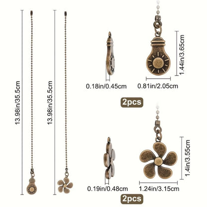Ceiling Fan Pull Chain Extension Set of 8 – Decorative Bead Chain Pull Cord with Five-Leaf & Bulb Pendants, Iron Chain & Zinc Alloy, Bronze
