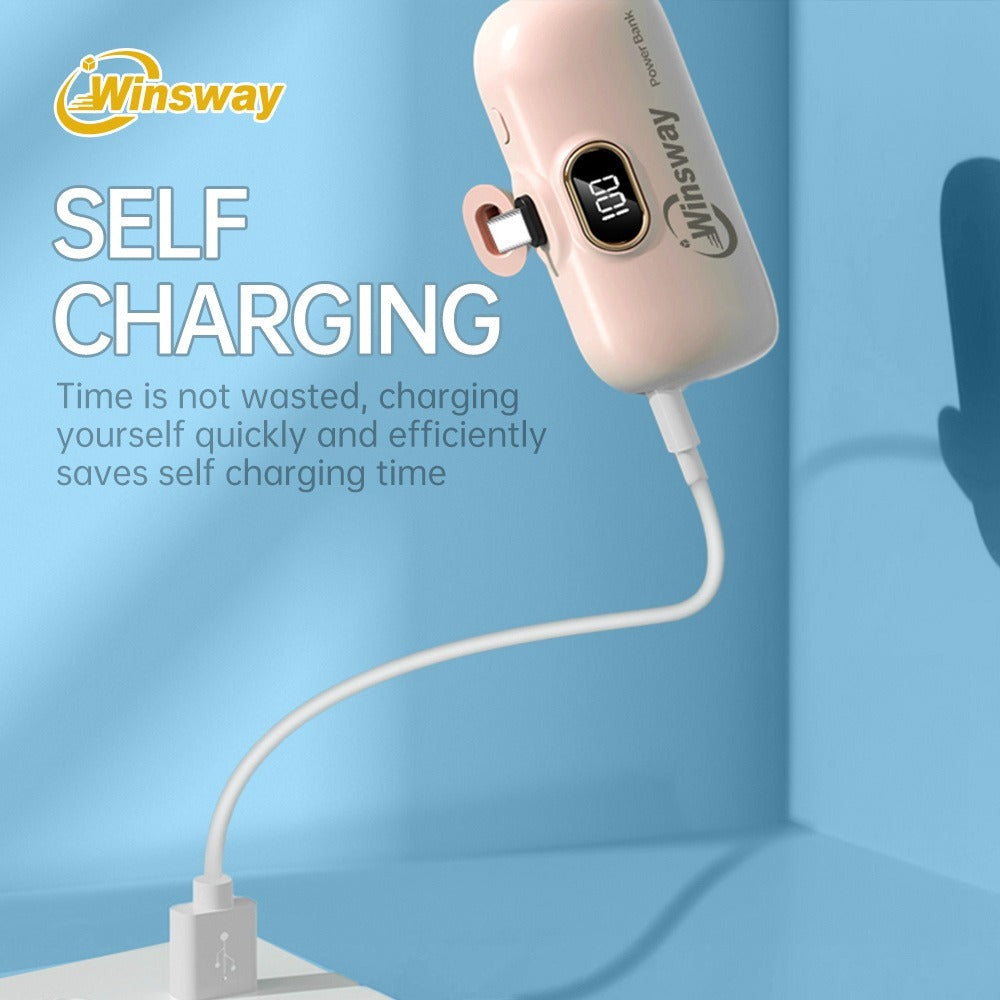 Power Bank 5000mAh Mini USB-C Plug-In Style with Digital Display in Pink or White for Travel