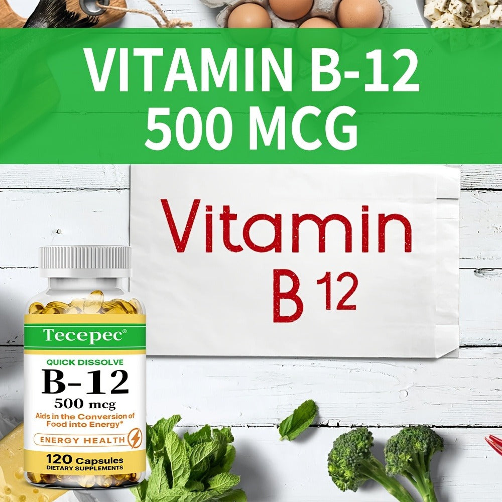 Vitamin B12 500mcg Capsules 120 Count for Women Men for Bath Time, Home Spa and Personal Care