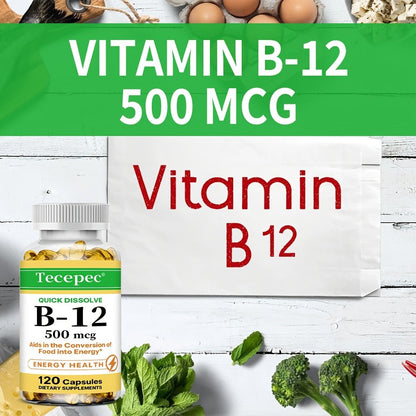 Vitamin B12 500mcg Capsules 120 Count for Women Men for Bath Time, Home Spa and Personal Care