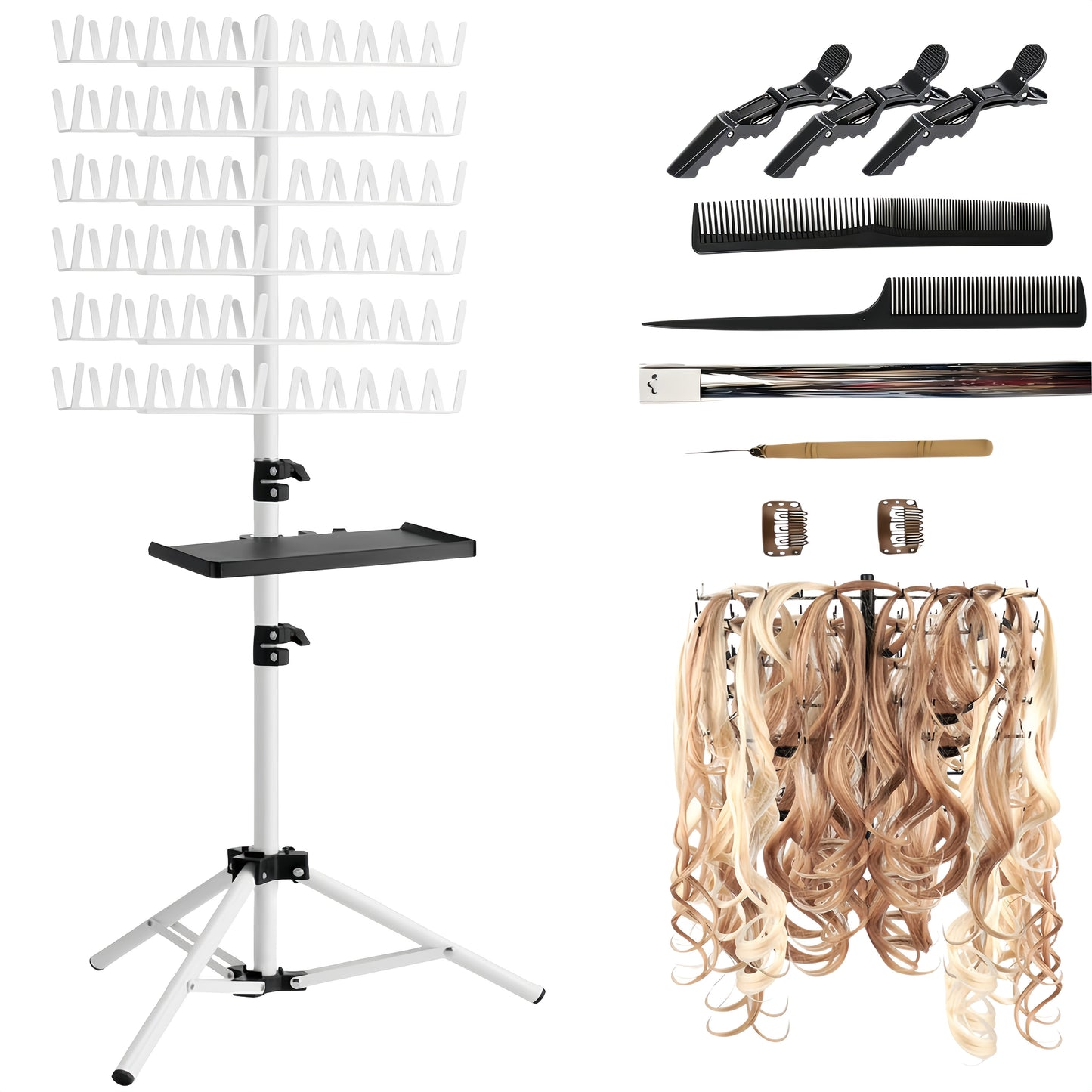Braiding Hair Rack 144 Pegs Height Adjustable 2-Side Hair Extension Holder Stand with Tray – Foldable Portable Professional Braiding Station