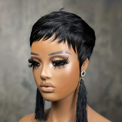 4-Inch Straight Layered Pixie Human Hair Wig in Black with 150% Density and Machine-Made Rose Net Cap