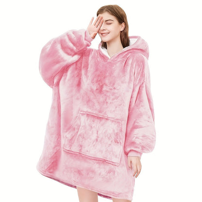 Reversible Hooded Wearable Blanket – Double-Sided Coral Fleece Suede Hoodie with Kangaroo Pocket, Machine Washable, 6 Colors