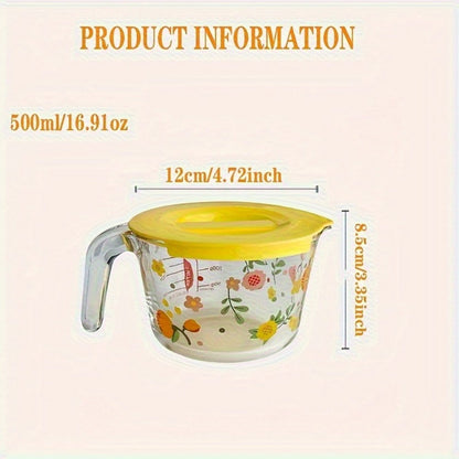 Glass Measuring Cup Floral Pattern Transparent Microwave Oven Freezer Safe 13.56 oz 16.91 oz for Home Cooking, Dining and Outdoor Meals