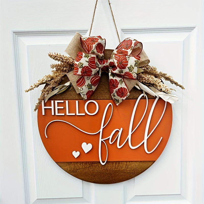 Hello Fall 3D Door Hanger – Autumn Harvest Pumpkin Wheat Bow Fall Wreath Door Sign Seasonal Home Decor