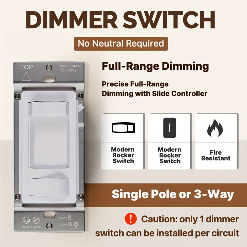 MOES Slide Dimmer Light Switch 3-Way & Single Pole No Neutral Wire, 600W Max, Compatible with LED CFL Incandescent Halogen