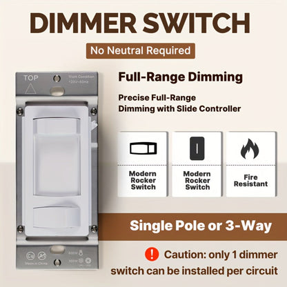 MOES Slide Dimmer Light Switch 3-Way & Single Pole No Neutral Wire, 600W Max, Compatible with LED CFL Incandescent Halogen