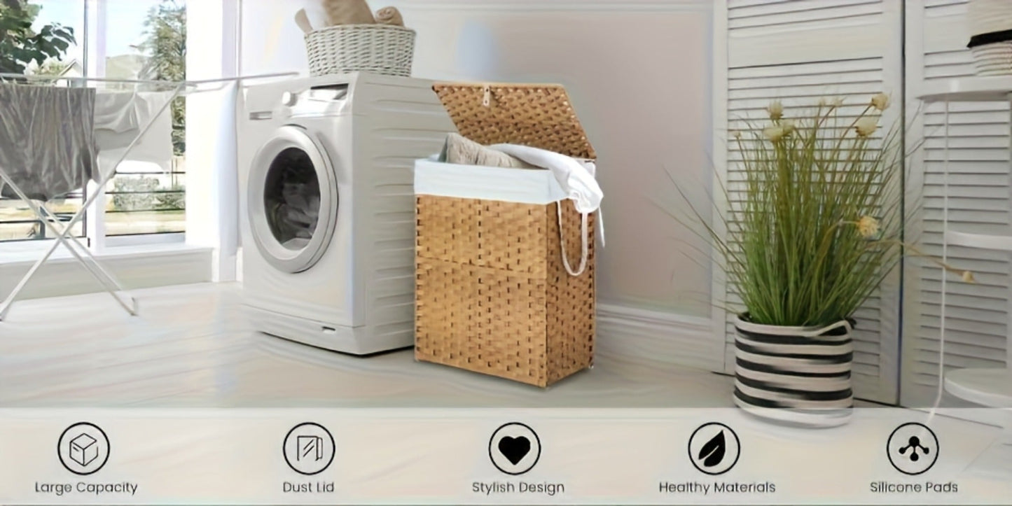 Lidded Woven Laundry Hamper with Removable Liner in Goose Yellow or Dove Gray and Two Capacity Labels