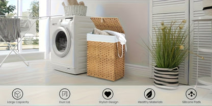 Lidded Woven Laundry Hamper with Removable Liner in Goose Yellow or Dove Gray and Two Capacity Labels