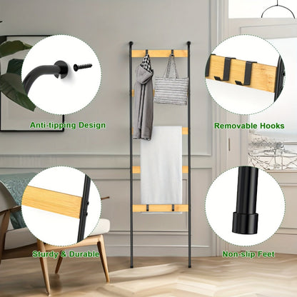 Blanket Ladder Storage Organizer 5-Tier Metal Rack with 10 Detachable Hooks in Brown or Black