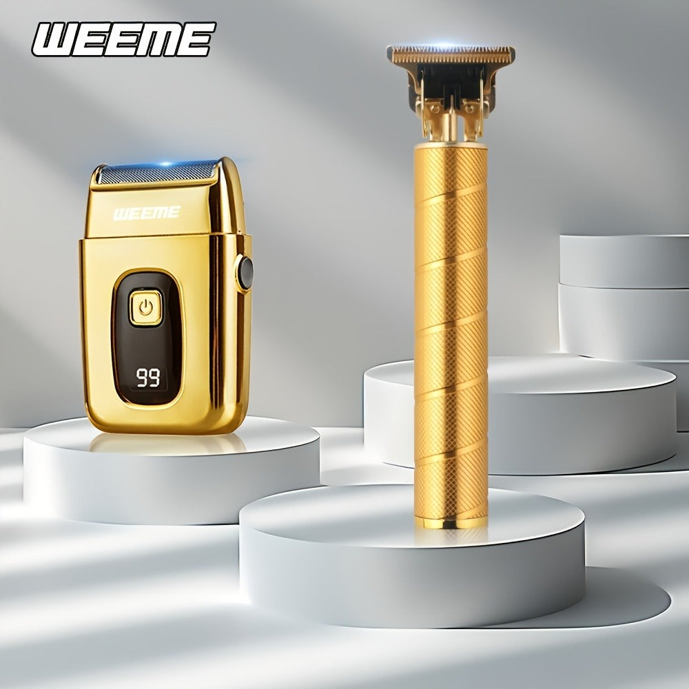 Hair Clipper WEEME Gold or Blue Three-Tool Grooming Set with LCD Display, USB Charging and Guide Combs