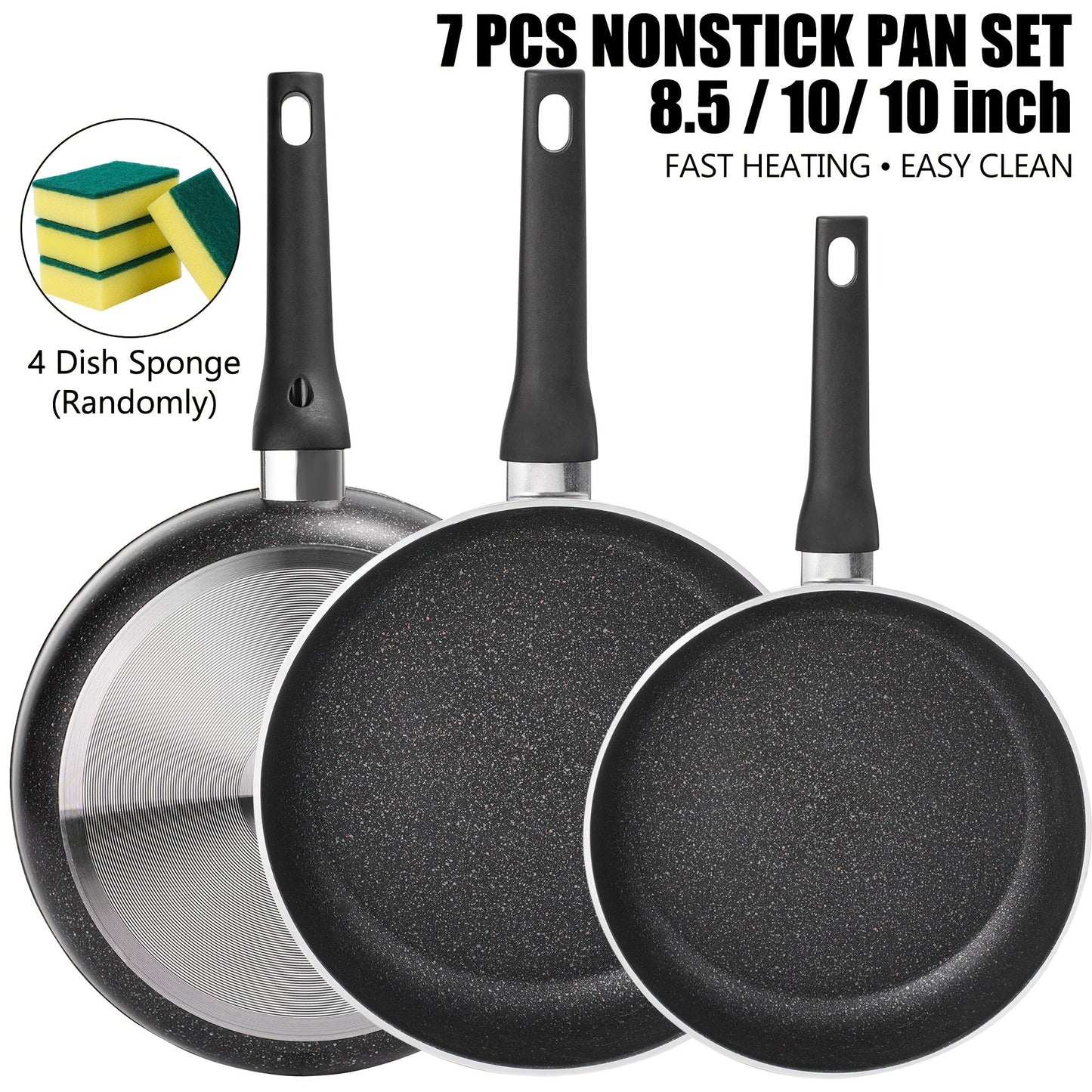 Nonstick Frying Pan Set 7pcs – 8.5" & 10" Aluminum Skillets with Deep Frying Pan, Fast Heating, Easy Clean