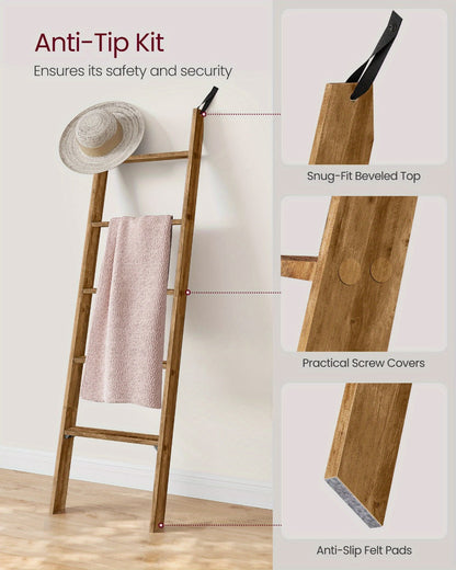 Blanket Ladder Shelf 5-Tier Freestanding Wood Ladder Rack for Blankets Towels Books Decor for Laundry Rooms, Closets and Home Organization