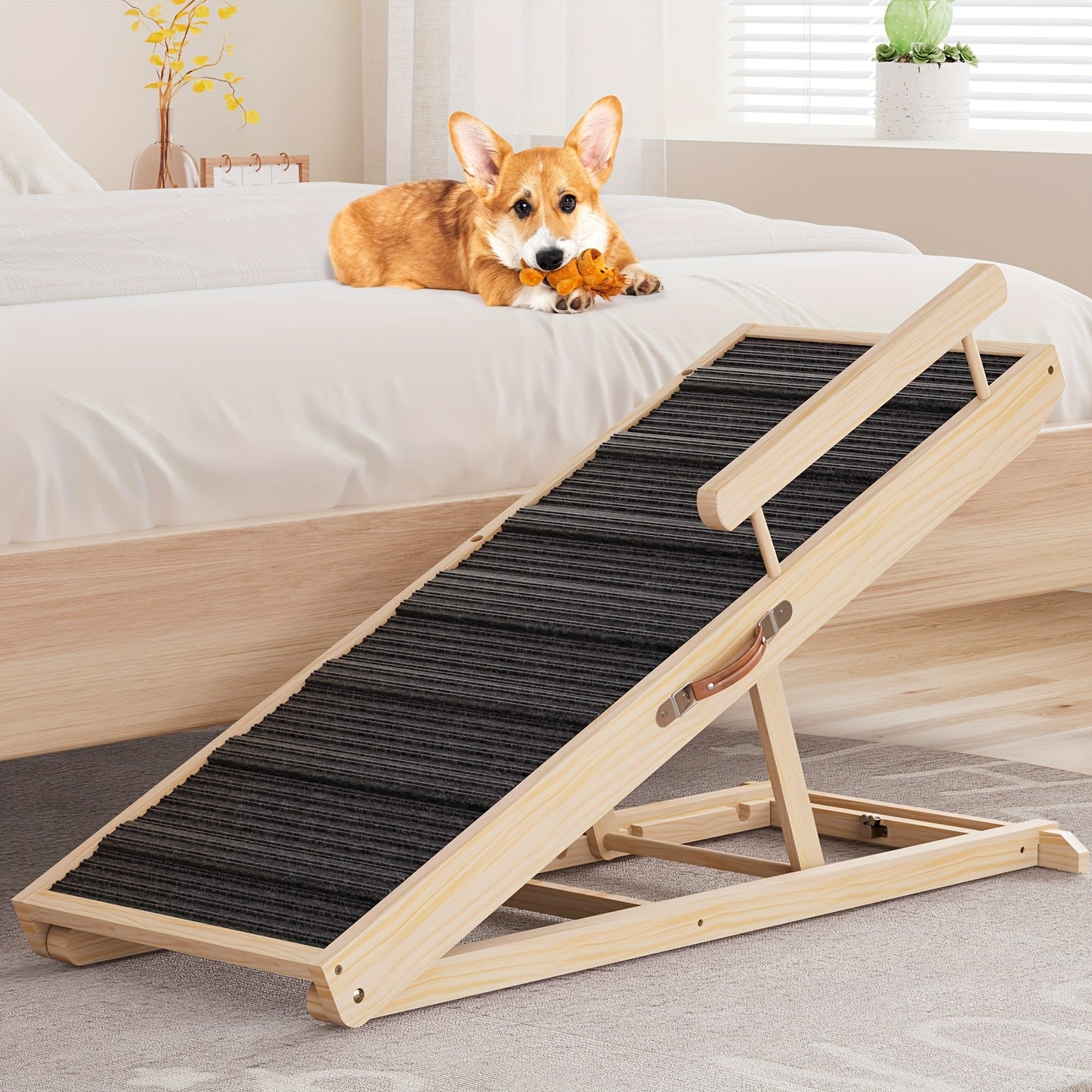 Dog Ramp for Bed & Sofa – Foldable Wooden Pet Ramp with Safety Guards, Adjustable Height, Holds 250 lbs, Indoor Outdoor Dog Steps