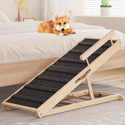 Dog Ramp for Bed & Sofa – Foldable Wooden Pet Ramp with Safety Guards, Adjustable Height, Holds 250 lbs, Indoor Outdoor Dog Steps