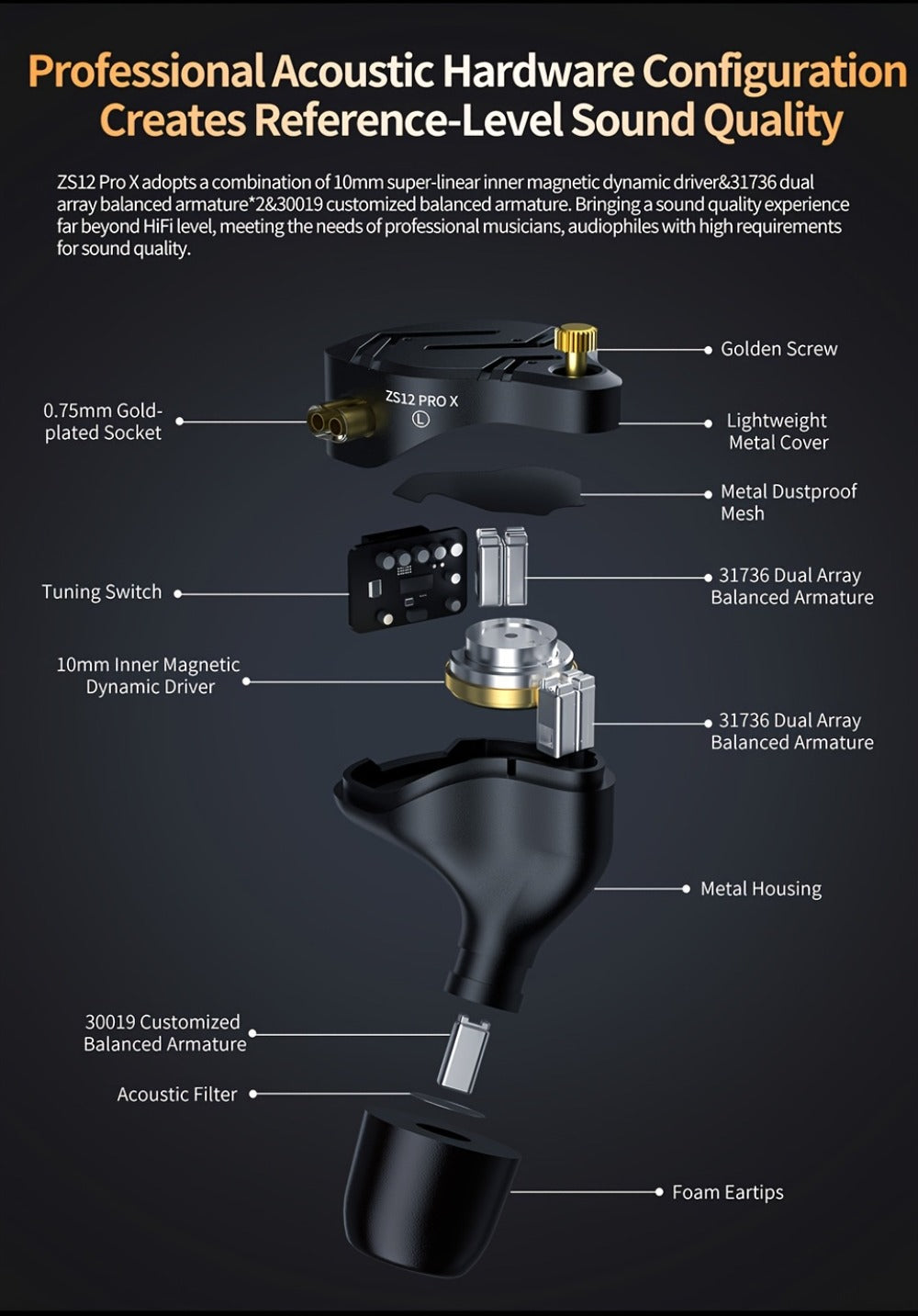 KZ ZS12 PRO X In-Ear Monitor Hybrid IEM Headphones Detachable Cable Noise Cancelling for Bedside Audio, Alarms and Room Entertainment