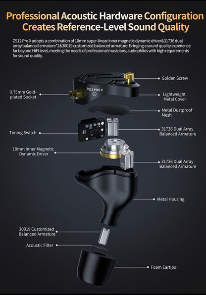 KZ ZS12 PRO X In-Ear Monitor Hybrid IEM Headphones Detachable Cable Noise Cancelling for Bedside Audio, Alarms and Room Entertainment