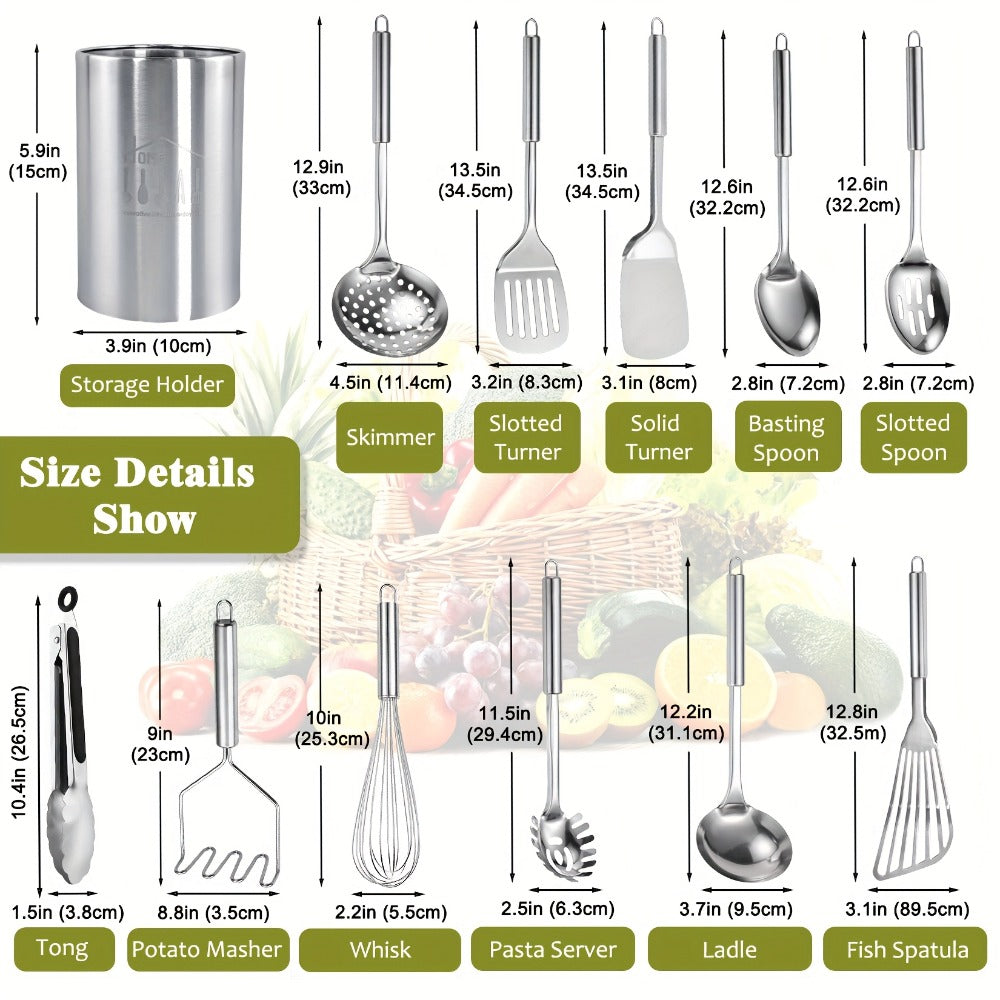 Kitchen Utensils 12-Piece Stainless Steel Set with Countertop Holder and Eleven Cooking Tools