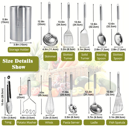 Kitchen Utensils 12-Piece Stainless Steel Set with Countertop Holder and Eleven Cooking Tools